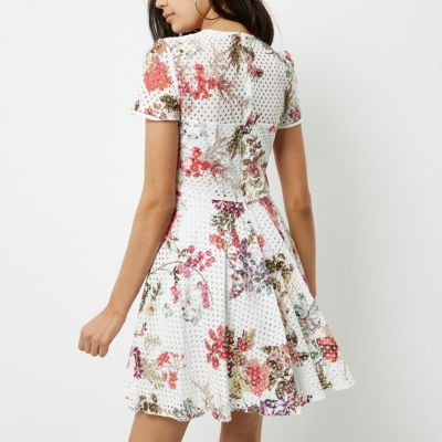 White laser cut floral double layer dress